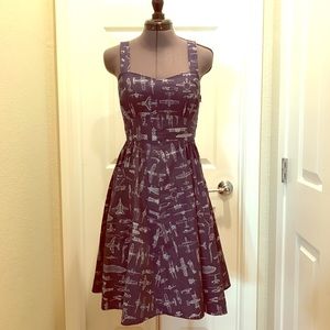 Navy blue airplane print fit n’ flare strap dress